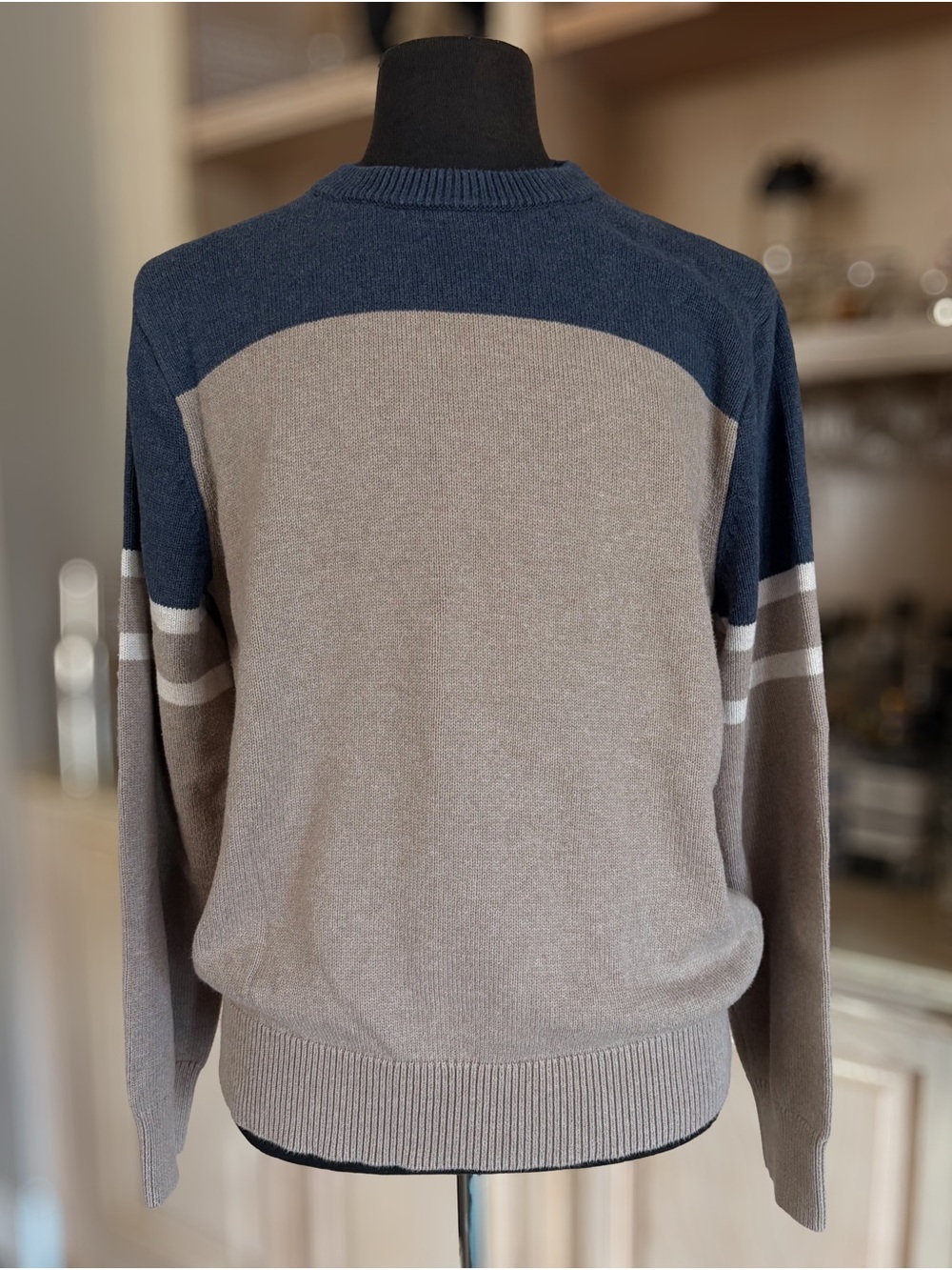 J. Crew Mens Taupe and Dark Blue Crewneck Sweater